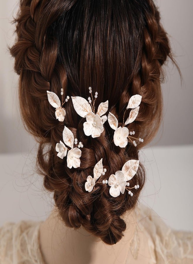 SELFCLOUD Bridal Hair Pins Soft Ceramic Flower Bride Wedding Hair Accessories Hair Piece for Women and Girls - Gold (6PCS) - Image 1